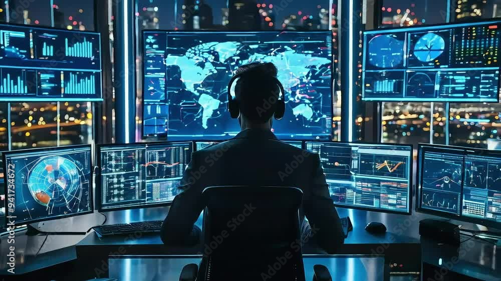 A person sits in front of multiple computer screens displaying data and a world map, likely a control room. A person sits in front of multiple computer screens displaying data and a world map, likely a control room.