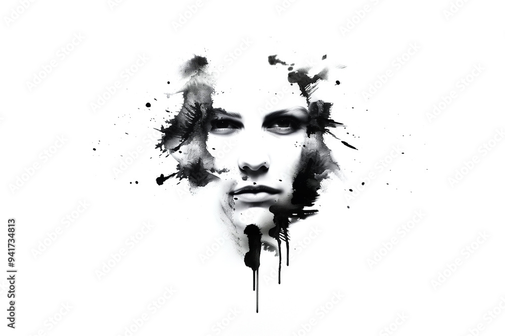 Woman face emerging from black ink splashes on white background Woman face emerging from black ink splashes on white background