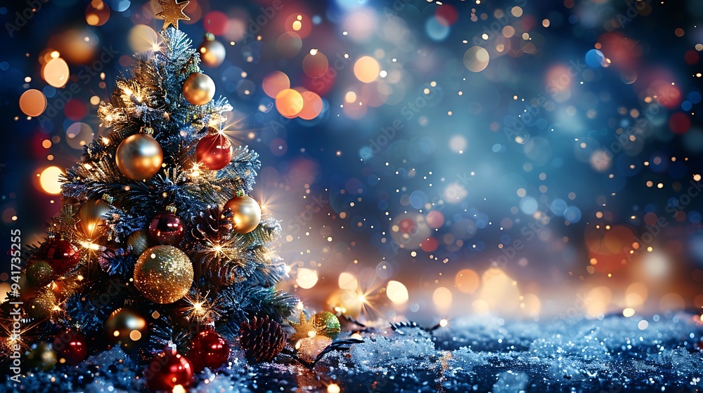 A radiant Christmas tree adorned with shimmering gold baubles, softly glowing against a backdrop of blurred warm golden lights. The room is bathed in a rich, golden glow, A radiant Christmas tree adorned with shimmering gold baubles, softly glowing against a backdrop of blurred warm golden lights. The room is bathed in a rich, golden glow,