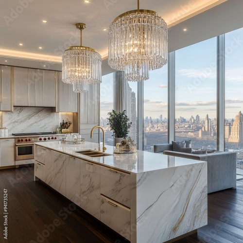 Luxury Kitchen with City View Marble Island Crystal Chandeliers Panoramic Windows and Dark Hardwood Floor
