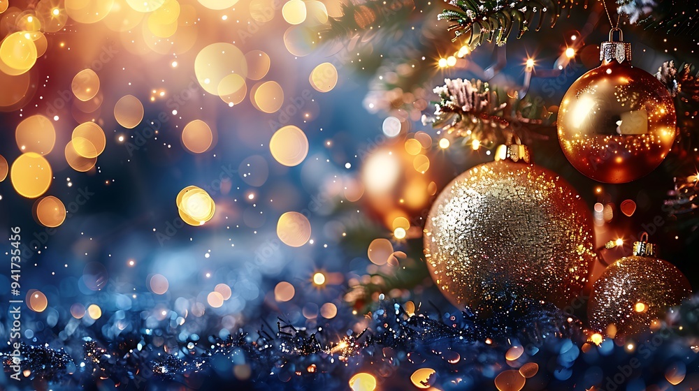 A radiant Christmas tree covered in shimmering gold baubles, softly illuminated by blurred warm golden lights. The room is filled with a rich, golden ambiance, A radiant Christmas tree covered in shimmering gold baubles, softly illuminated by blurred warm golden lights. The room is filled with a rich, golden ambiance,