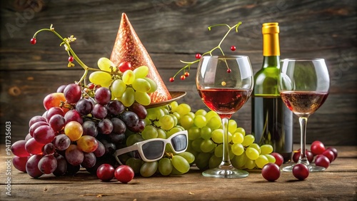 A humorous still life captures a tipsy wine bottle wearing party glasses and a party hat, surrounded by spilled grapes and upside-down wine glasses. photo