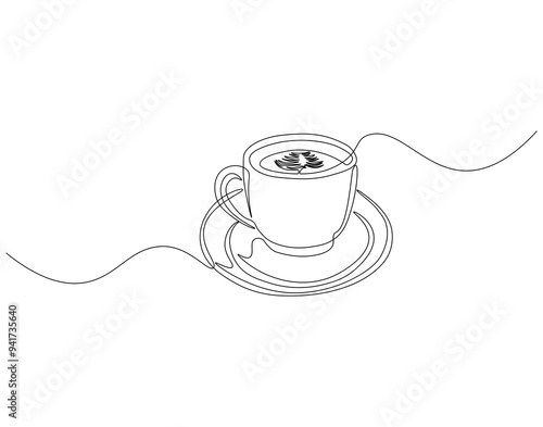 Continuous one line drawing of cup of coffee with latte art in saucer. One line drawing illustration of cup of coffee. International coffee day concept line art. Editable outline