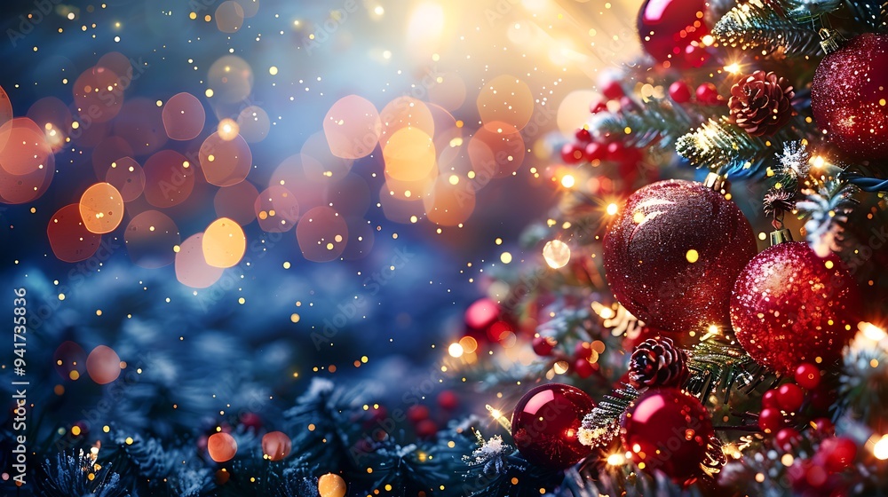 A regal Christmas tree adorned with luxurious deep red and gold baubles, softly illuminated by blurred warm-toned lights. The setting is opulent and festive, A regal Christmas tree adorned with luxurious deep red and gold baubles, softly illuminated by blurred warm-toned lights. The setting is opulent and festive,