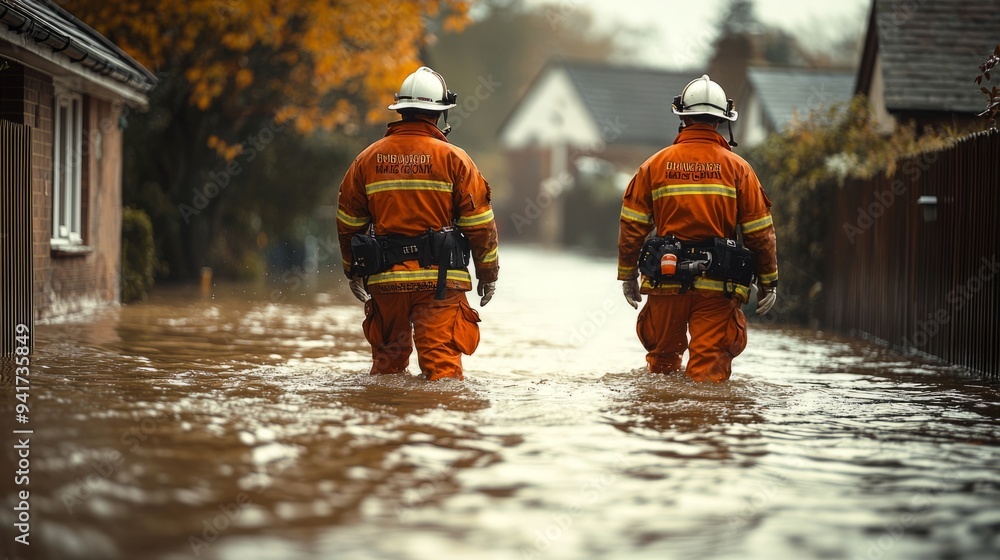 Fototapeta premium Two firefighters walking through a flooded neighborhood in the rain