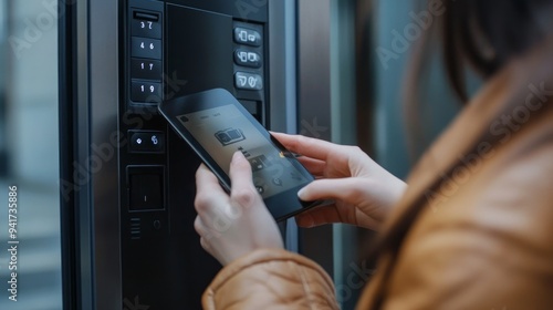 A cropped picture shows a woman using a smartphone app to disarm the security system and entering the building by pressing a button next to the door. The woman is using key kode protection. photo