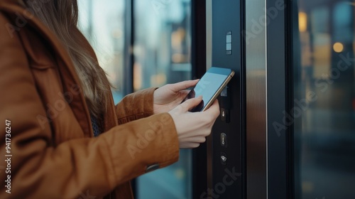 A cropped picture shows a woman using a smartphone app to disarm the security system and entering the building by pressing a button next to the door. The woman is using key kode protection. photo