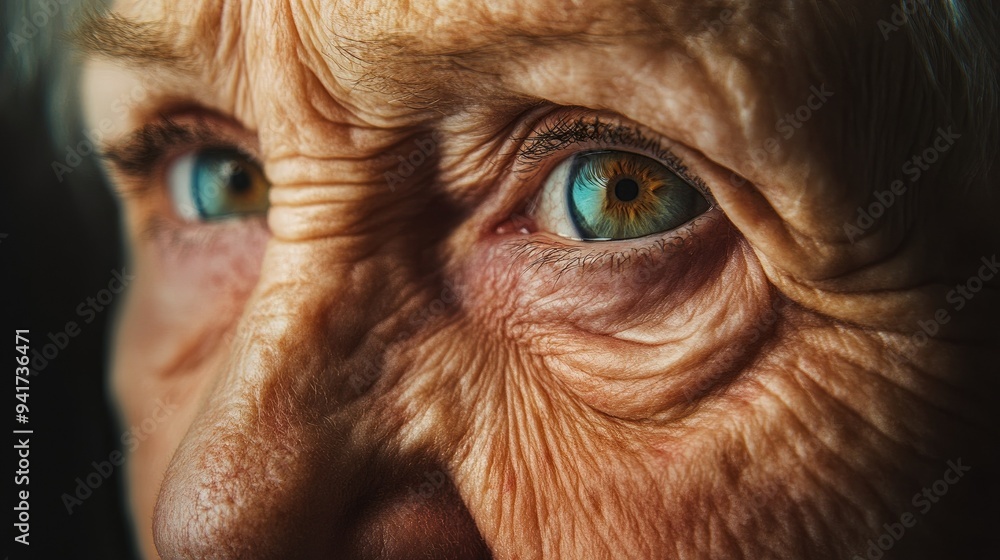 A close-up of an elderly face, highlighting her gentle wrinkles and soft, expressive eyes with a warm and serene expression. A close-up of an elderly face, highlighting her gentle wrinkles and soft, expressive eyes with a warm and serene expression.
