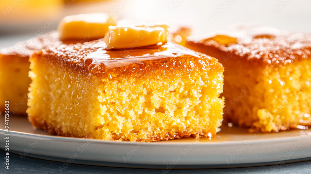 Savory cornbread with a golden crust, served with honey butter, set on a plate against a gradient background from soft golden yellow to warm amber Savory cornbread with a golden crust, served with honey butter, set on a plate against a gradient background from soft golden yellow to warm amber