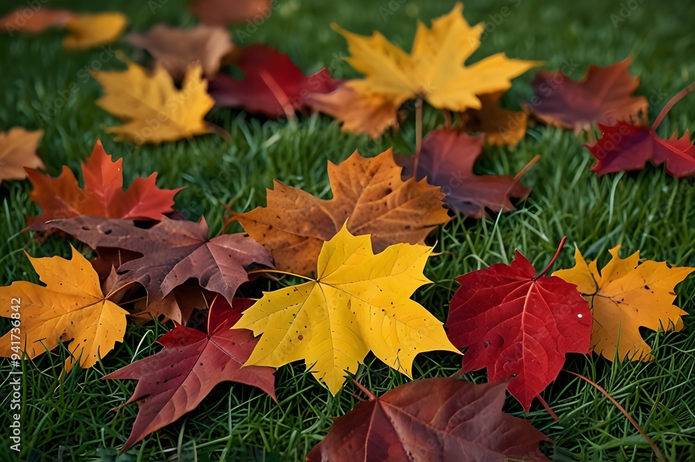 Crisp Autumn Leaves Red, Orange, Yellow, and Brown on Green Grass Crisp Autumn Leaves Red, Orange, Yellow, and Brown on Green Grass