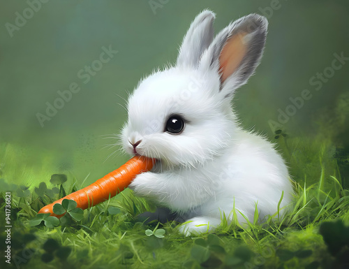 A cute white bunny enjoys a fresh carrot in a lush green meadow, showcasing the beauty of nature and adorable wildlife. photo