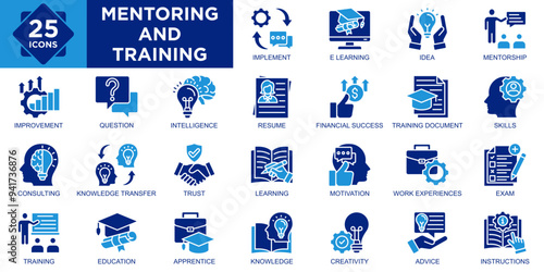 mentoring and training, training, business, team, mentor, work icon set. Outline icons collection. Simple vector illustration