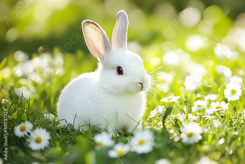 A cute white rabbit sits gracefully amidst blooming flowers in a sunny green meadow, symbolizing peace and natural beauty.