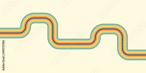 Retrofuturism poster design in trendy retro line style. Modern art poster retro vintage style 70s stripes background template lines shapes vector design.