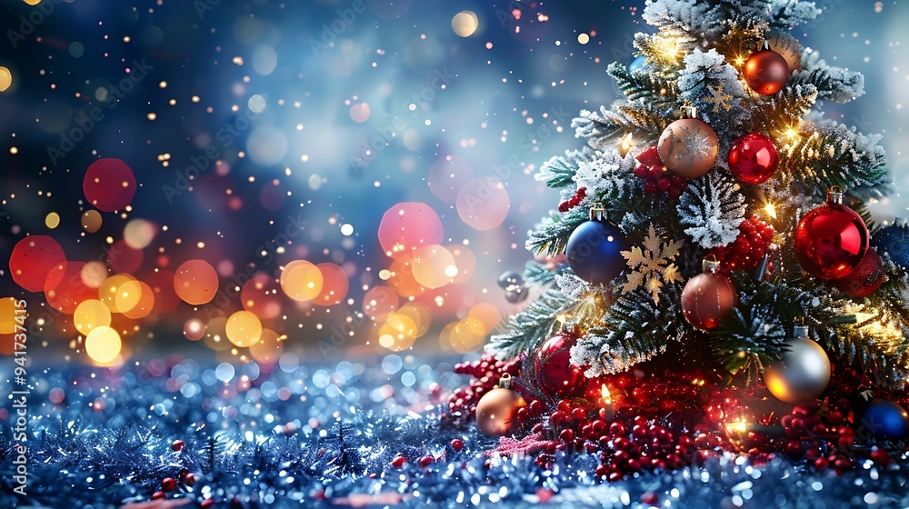 A serene Christmas tree covered in frosted baubles and snowflake ornaments, glowing softly against a backdrop of icy blue lights. The scene evokes the quiet calm of a winter wonderland, A serene Christmas tree covered in frosted baubles and snowflake ornaments, glowing softly against a backdrop of icy blue lights. The scene evokes the quiet calm of a winter wonderland,