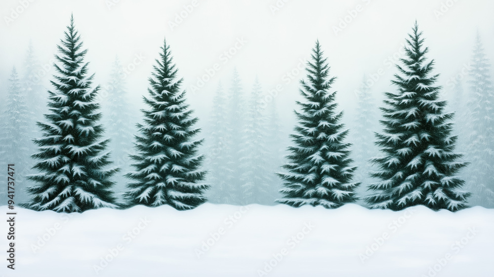 Obraz premium Serene winter woodland with towering evergreens dusted in snow gentle snowfall blanketing the landscape soft, muted colors capturing the peaceful stillness of nature 