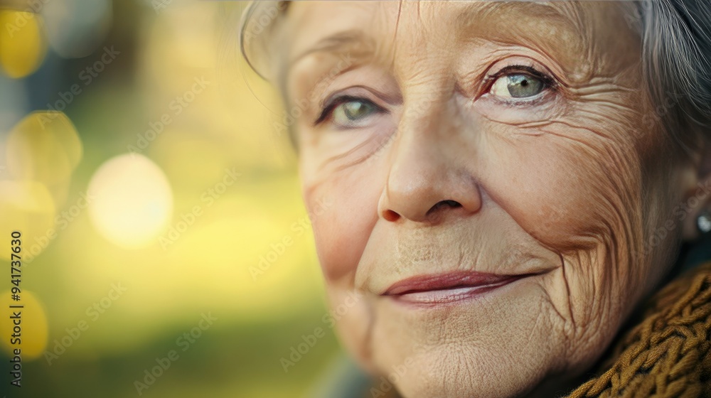 A close-up of an older woman with a peaceful expression, emphasizing the gentle lines of her face and the serene beauty of her age. A close-up of an older woman with a peaceful expression, emphasizing the gentle lines of her face and the serene beauty of her age.