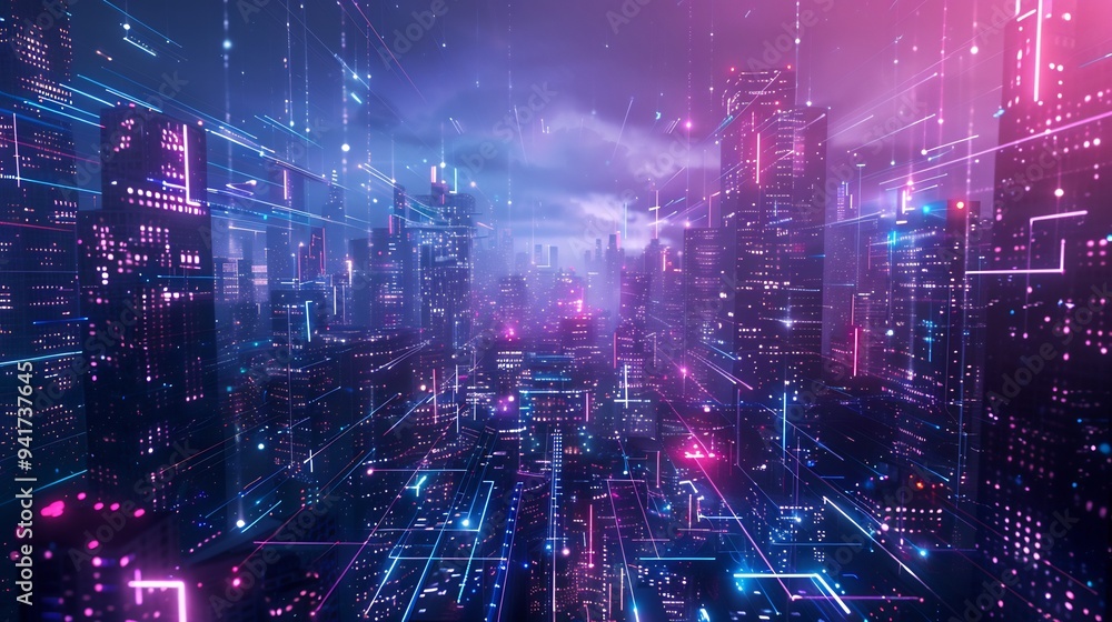 Obraz premium Futuristic Cityscape with Neon Lights and Digital Networks