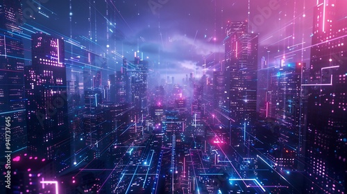 Wallpaper Mural Futuristic Cityscape with Neon Lights and Digital Networks Torontodigital.ca