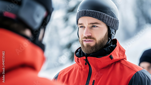 Ski rental personnel assisting customers with fitting helmets and adjusting bindings professional and friendly demeanor in a well-lit shop buzzing with activity 