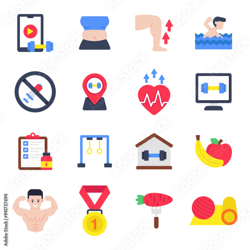 Set of Gym and Diet Flat Icons

