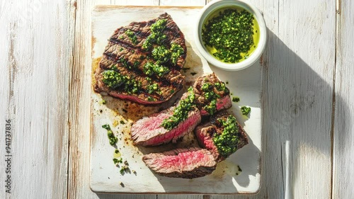 Grilled Steak with Chimichurri Sauce on Rustic White Background