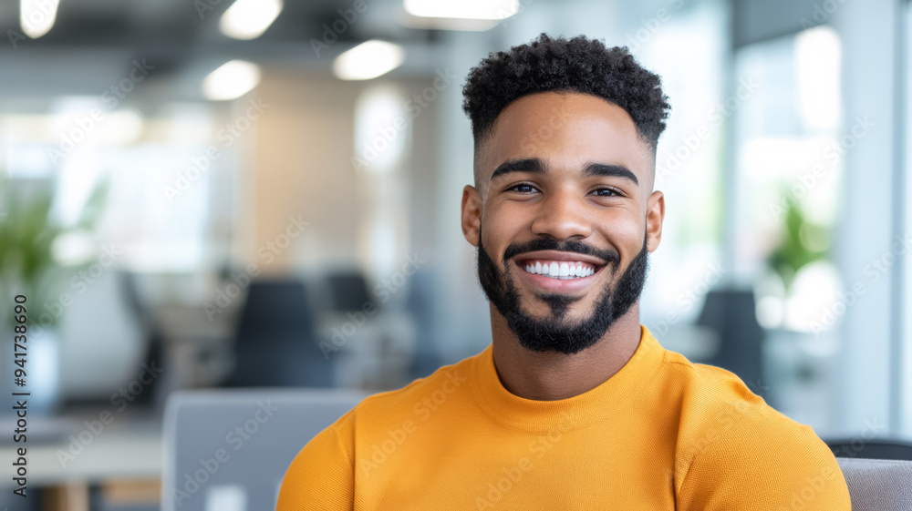 Smiling worker in a bright open office enjoying a mental health break soft lighting cozy lounge spaces fostering relaxation and happiness employee-centric design Smiling worker in a bright open office enjoying a mental health break soft lighting cozy lounge spaces fostering relaxation and happiness employee-centric design