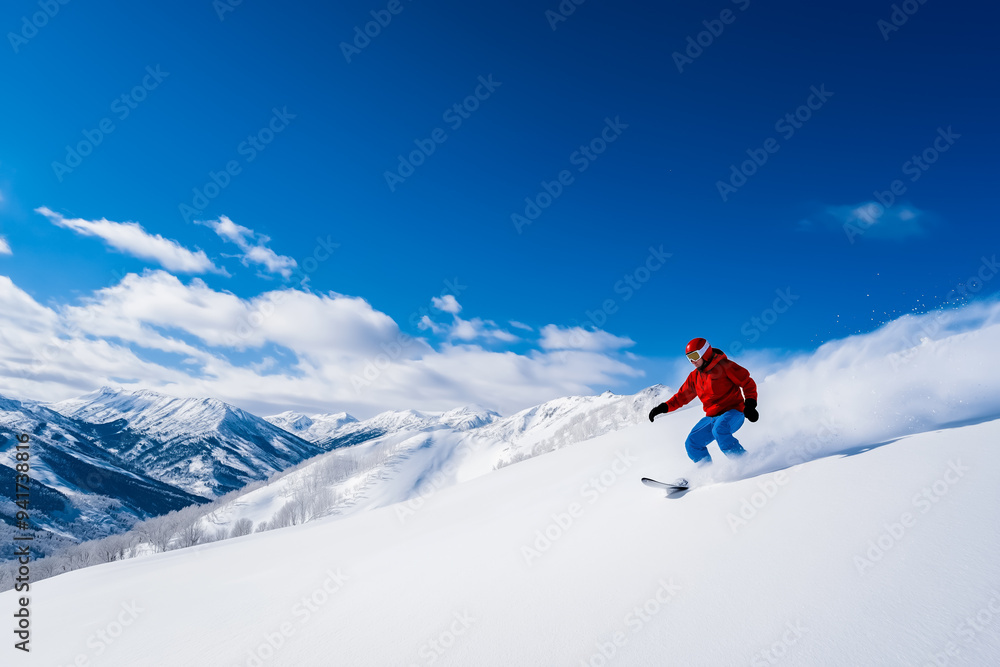Snowboarder descends pristine, untouched slope amid snow-dusted mountain ranges Snowboarder descends pristine, untouched slope amid snow-dusted mountain ranges