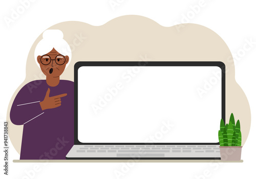 A woman next to a large laptop with plenty of space for text. Vector flat illustration