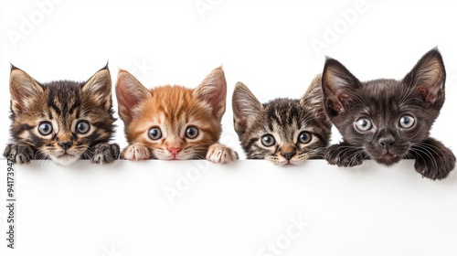 Four cute kittens lined up together isolated on a white background