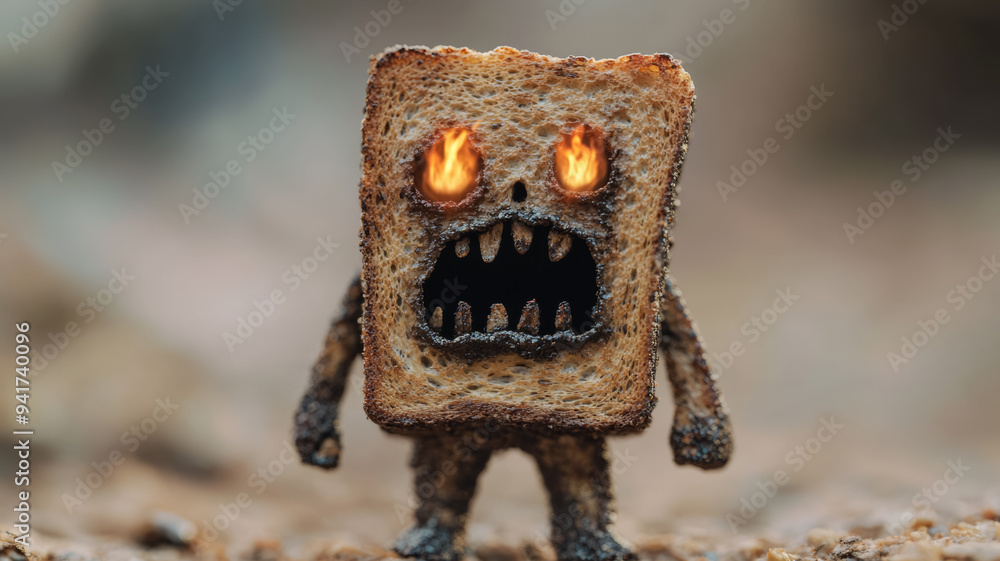 Terrifying figure crafted from twisted, burnt toast charred edges forming razor-sharp teeth hollow eyes glowing with ember remnants crumbly skin falling apart eerie kitchen fiend Terrifying figure crafted from twisted, burnt toast charred edges forming razor-sharp teeth hollow eyes glowing with ember remnants crumbly skin falling apart eerie kitchen fiend