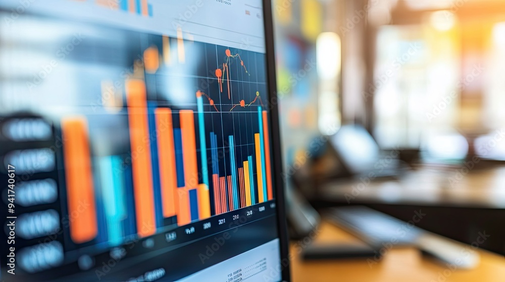 A detailed financial graph with multiple indicators, displayed on a computer screen with a blurred office background. A detailed financial graph with multiple indicators, displayed on a computer screen with a blurred office background.