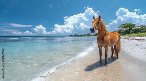 A brown horse stands on a white sandy beach with clear blue water and a bright blue sky.