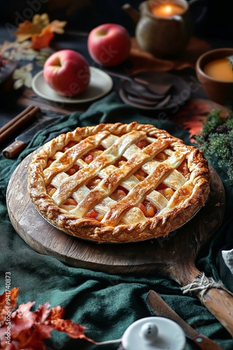 Apple pie, galette with fruits, sweet pastries on a dark green tablecloth, sweet crostatas on a wooden cutting board, side view, autumn.  photo