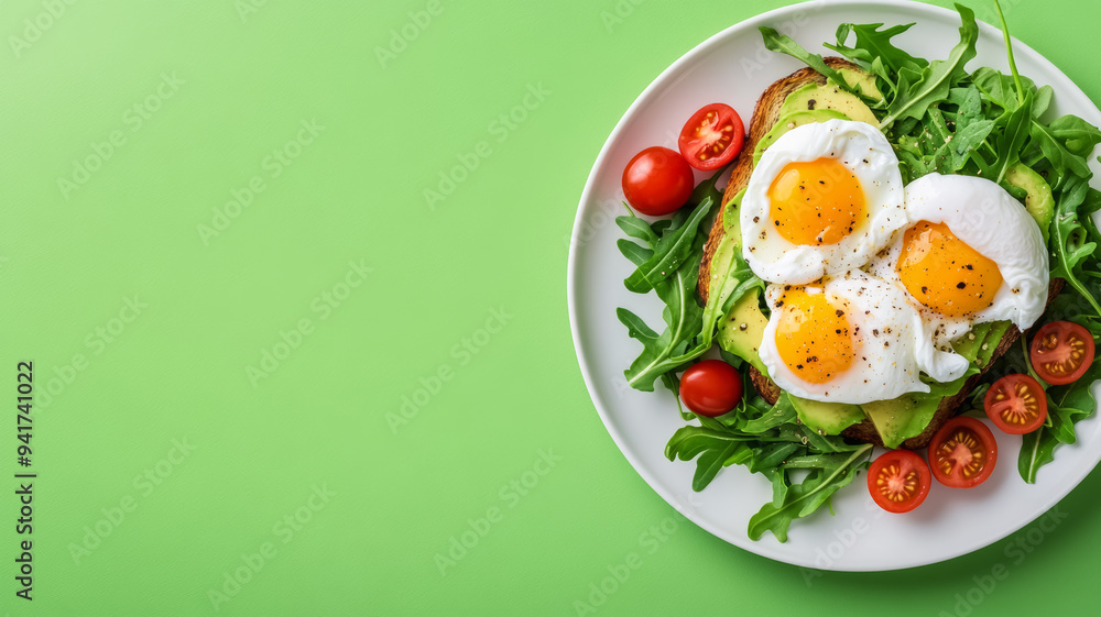 Vibrant plate of avocado toast with poached eggs, cherry tomatoes, and arugula, plated on one side with open space for text, soft gradient background from light green to white Vibrant plate of avocado toast with poached eggs, cherry tomatoes, and arugula, plated on one side with open space for text, soft gradient background from light green to white