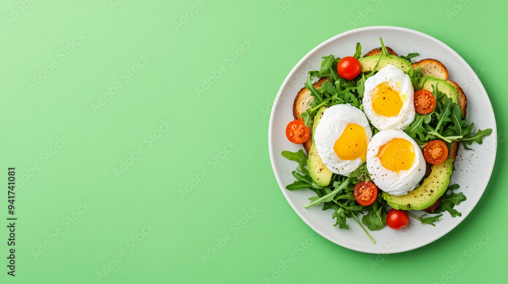 Vibrant plate of avocado toast with poached eggs, cherry tomatoes, and arugula, plated on one side with open space for text, soft gradient background from light green to white Vibrant plate of avocado toast with poached eggs, cherry tomatoes, and arugula, plated on one side with open space for text, soft gradient background from light green to white