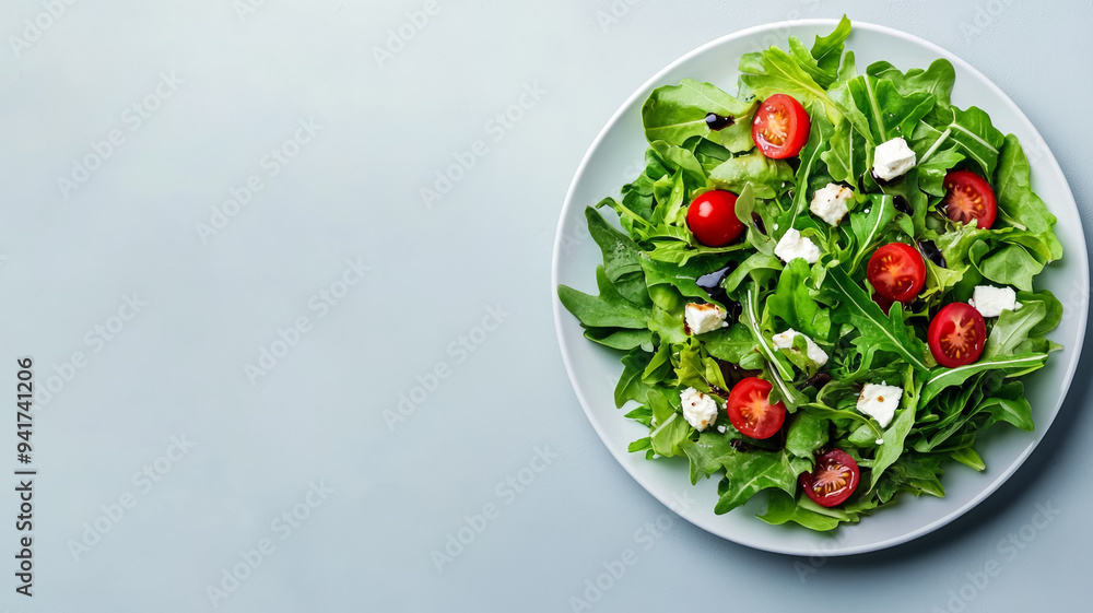 Vibrant salad with mixed greens, cherry tomatoes, feta cheese, and balsamic glaze, plated on a round white dish with clear empty space for text, soft gradient background Vibrant salad with mixed greens, cherry tomatoes, feta cheese, and balsamic glaze, plated on a round white dish with clear empty space for text, soft gradient background