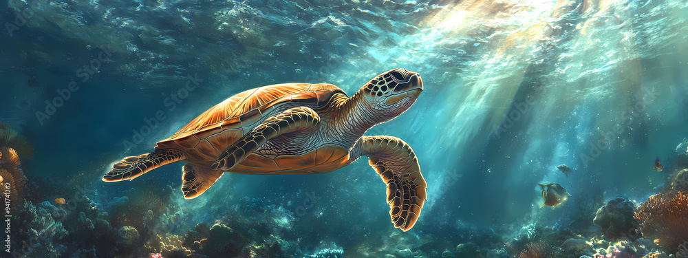 Fototapeta premium Sunlit Journey of a Sea Turtle