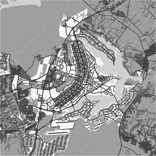 Map of Brasilia in Brazil in grayscale. Contains layered vector with roads water, parks, etc.