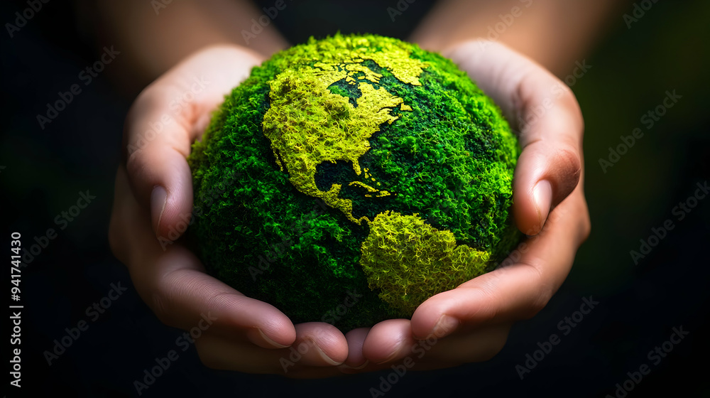 A person holds a green, mossy globe, symbolizing nature and environmental awareness, promoting sustainability and ecological responsibility. A person holds a green, mossy globe, symbolizing nature and environmental awareness, promoting sustainability and ecological responsibility.
