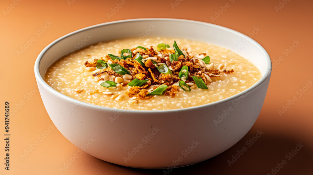 Warm autumn Asian dish featuring a bowl of savory pumpkin congee, topped with crispy shallots and fresh green onions, set against a gradient background shifting from burnt orange to deep brown Warm autumn Asian dish featuring a bowl of savory pumpkin congee, topped with crispy shallots and fresh green onions, set against a gradient background shifting from burnt orange to deep brown