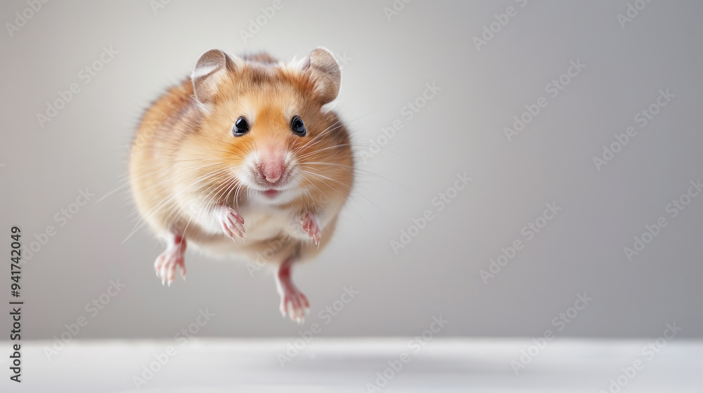 Front view of little hamster jumping on the table. Running mouse on light background. Front view of little hamster jumping on the table. Running mouse on light background.