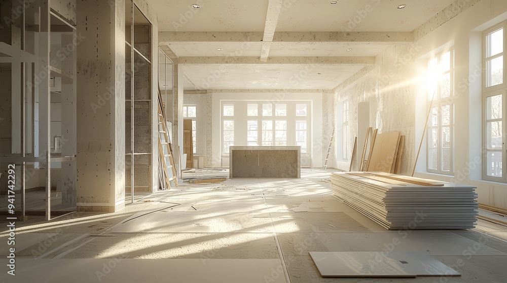 Interior of a modern open-plan space under renovation with sunlight streaming in