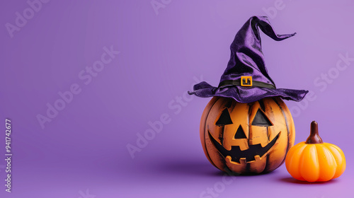 Scary and funny Jack O'Lantern on purple background. Carved pumpkin with a witch hat. Halloween celebration and autumn decoration concept. 