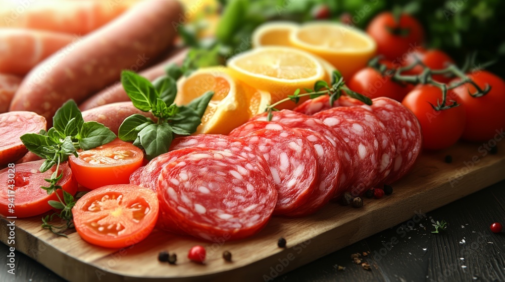 An appetizing selection of gourmet deli meats paired with fresh cheese, tomatoes, cucumbers, lemon, and herbs on a rustic wooden table. Ideal for culinary themes or healthy eating concepts. An appetizing selection of gourmet deli meats paired with fresh cheese, tomatoes, cucumbers, lemon, and herbs on a rustic wooden table. Ideal for culinary themes or healthy eating concepts.