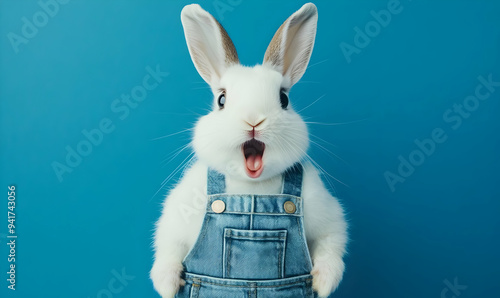 A surprised rabbit wearing denim overalls stands against a vibrant blue background, showcasing its expressive features.