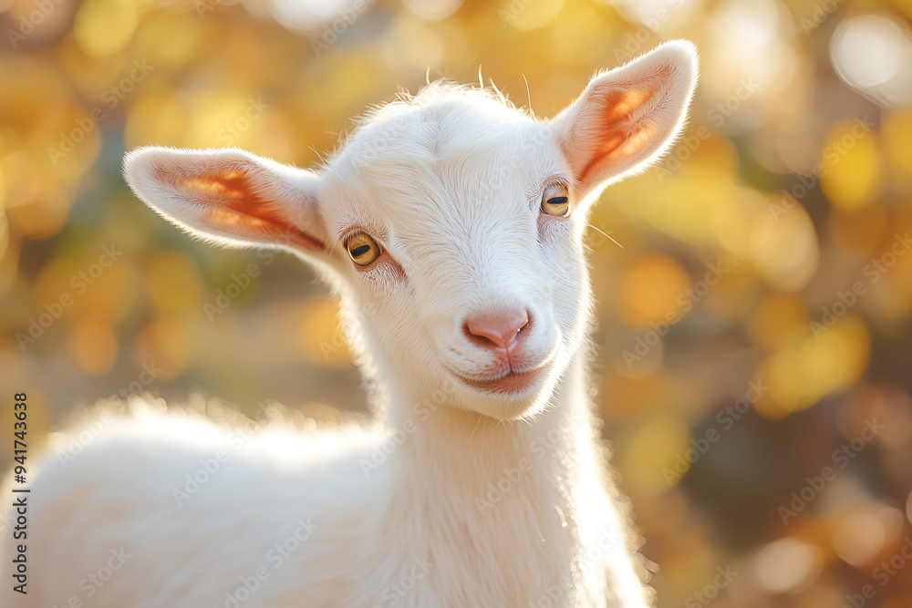 Fototapeta premium Sun-Kissed white goat portrait in pastoral setting.