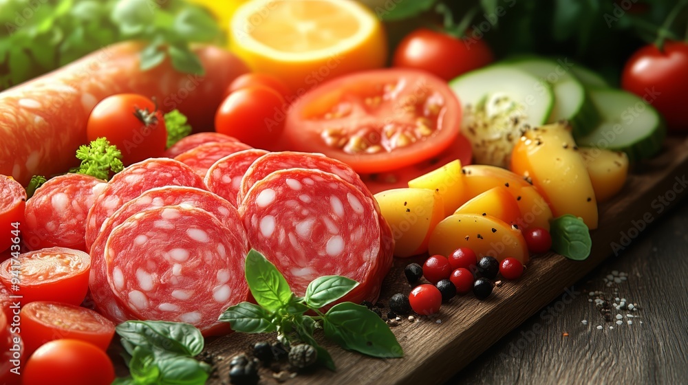 An appetizing selection of gourmet deli meats paired with fresh cheese, tomatoes, cucumbers, lemon, and herbs on a rustic wooden table. Ideal for culinary themes or healthy eating concepts. An appetizing selection of gourmet deli meats paired with fresh cheese, tomatoes, cucumbers, lemon, and herbs on a rustic wooden table. Ideal for culinary themes or healthy eating concepts.