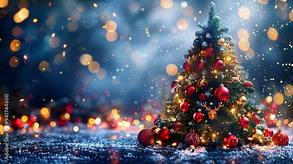 A whimsical Christmas tree decorated with woodland creature ornaments, softly glowing in a room bathed in green and gold lights. The atmosphere is cozy and magical, A whimsical Christmas tree decorated with woodland creature ornaments, softly glowing in a room bathed in green and gold lights. The atmosphere is cozy and magical,