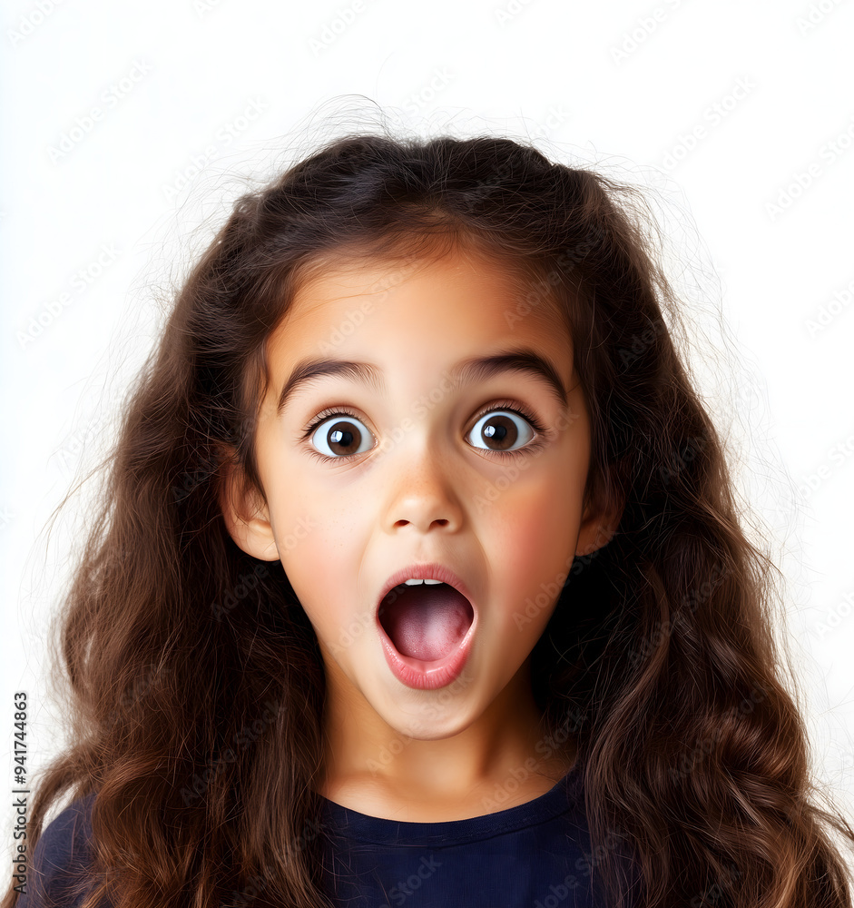 portrait of a little surprised girl; brunette child with open mouth and excited face expression; white background portrait of a little surprised girl; brunette child with open mouth and excited face expression; white background